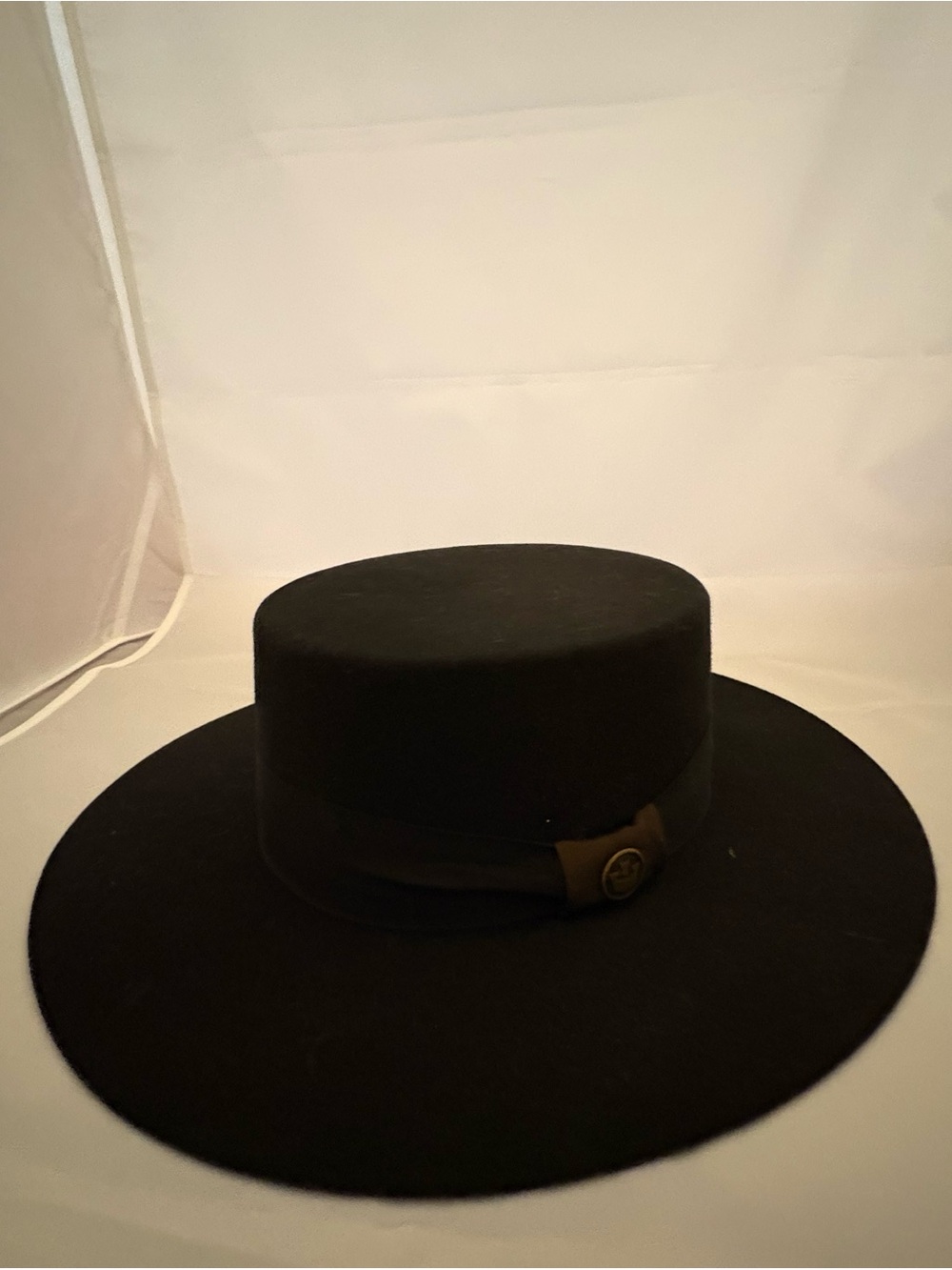 Black Wool Wide-Brim Boater Hat with Band Detail